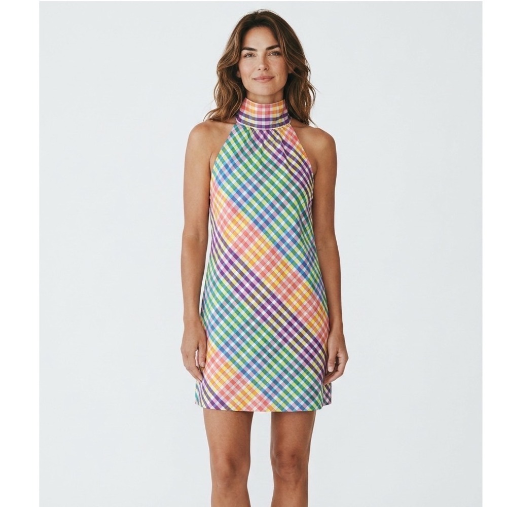 J.Crew Rainbow Gingham Halter Mini Dress Womens 8 Multicolor Tie Back‎ Summer
